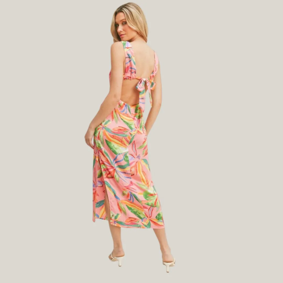 Tie Back Tropical Midi Dress (Pink Green Multi)