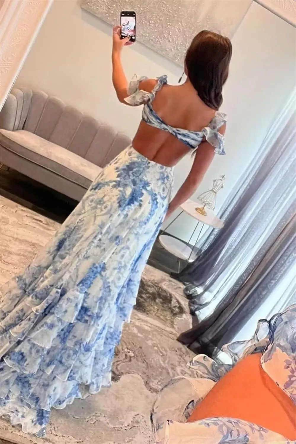 Tiered Ruffle Floral Prom Dresses 2025 Women's Long Ball Gown Backless Chiffon Formal Evening Party Dress with Slit
