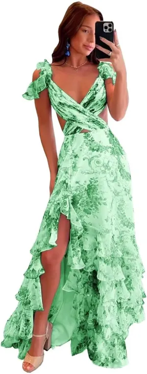 Tiered Ruffle Floral Prom Dresses 2025 Women's Long Ball Gown Backless Chiffon Formal Evening Party Dress with Slit
