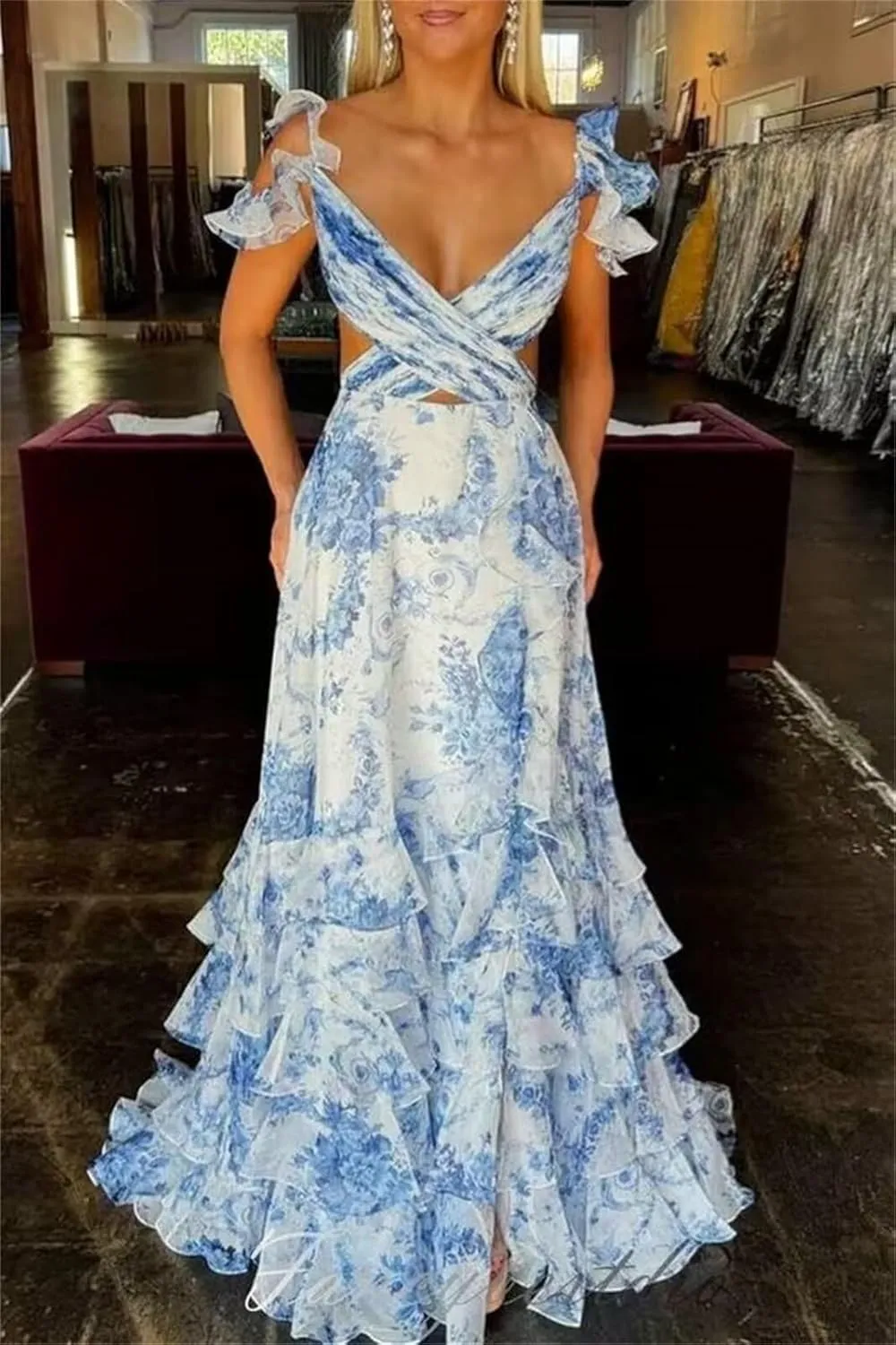 Tiered Ruffle Floral Prom Dresses 2025 Women's Long Ball Gown Backless Chiffon Formal Evening Party Dress with Slit