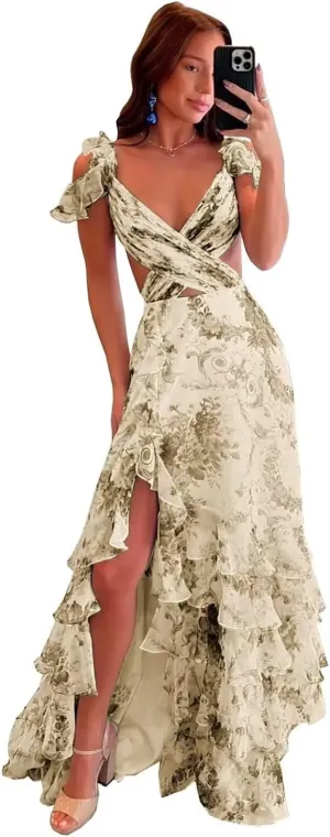 Tiered Ruffle Floral Prom Dresses 2025 Women's Long Ball Gown Backless Chiffon Formal Evening Party Dress with Slit