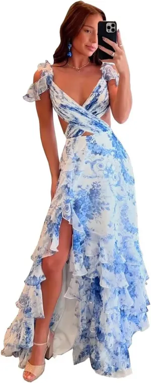 Tiered Ruffle Floral Prom Dresses 2025 Women's Long Ball Gown Backless Chiffon Formal Evening Party Dress with Slit