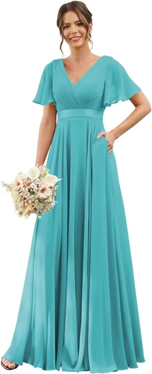 TIRAS Women's V Neck Bridesmaid Dresses Flutter Sleeves Ruched Chiffon Long Formal Dress with Pockets