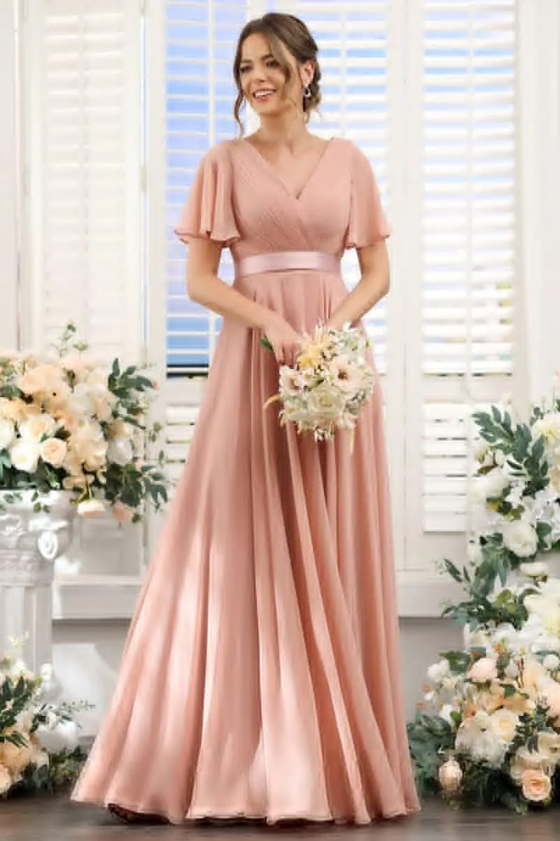 TIRAS Women's V Neck Bridesmaid Dresses Flutter Sleeves Ruched Chiffon Long Formal Dress with Pockets