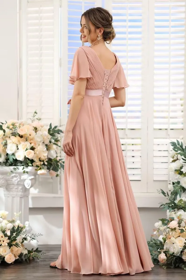 TIRAS Women's V Neck Bridesmaid Dresses Flutter Sleeves Ruched Chiffon Long Formal Dress with Pockets