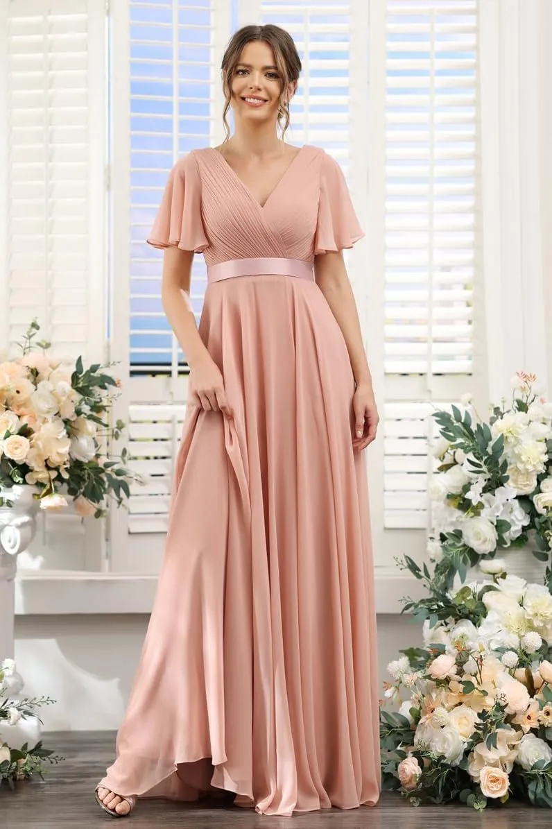 TIRAS Women's V Neck Bridesmaid Dresses Flutter Sleeves Ruched Chiffon Long Formal Dress with Pockets