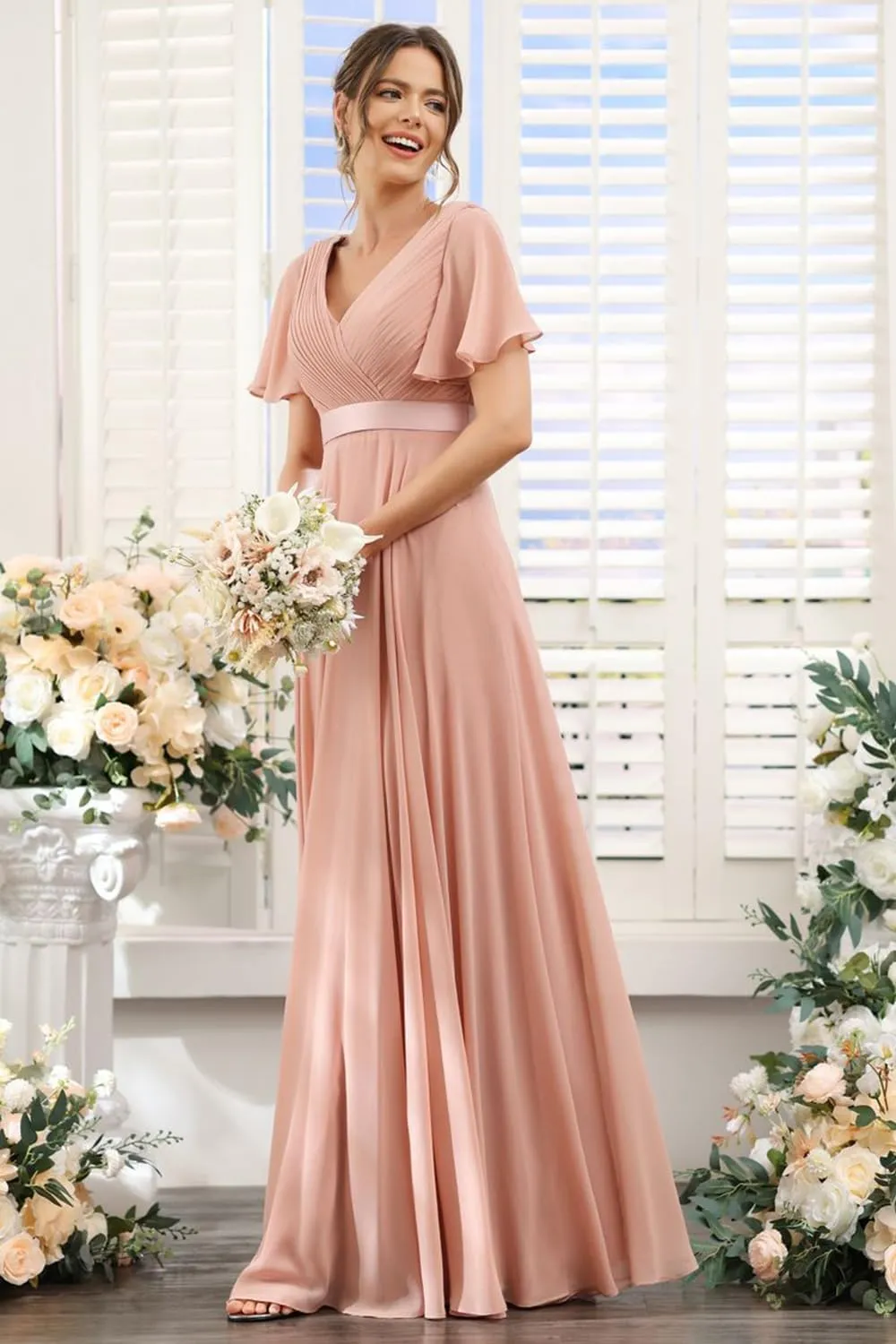 TIRAS Women's V Neck Bridesmaid Dresses Flutter Sleeves Ruched Chiffon Long Formal Dress with Pockets