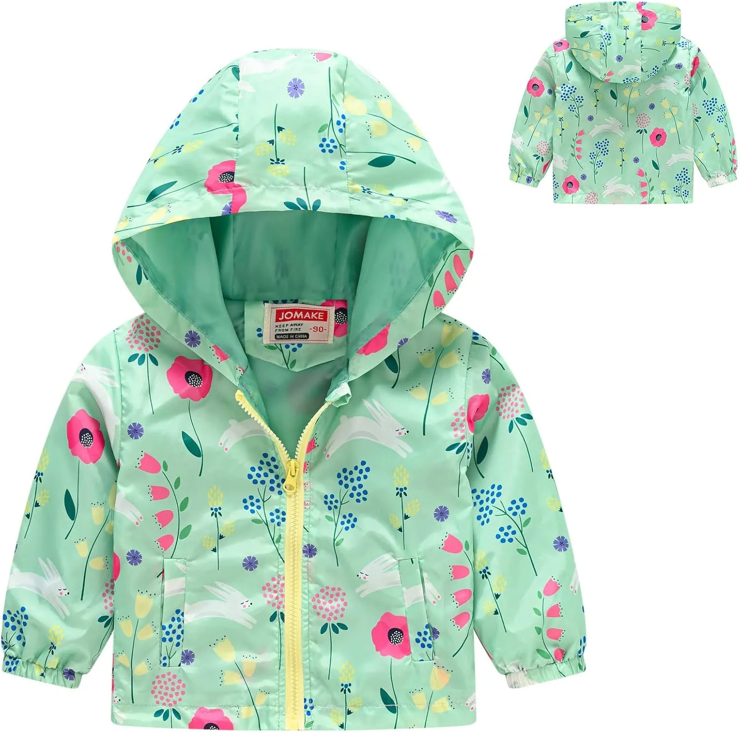 Toddler Girls Boys Flower Print Zip Hooded Jacket Kids Trench Rain Jacket Outerwear Lightweight Windbreaker Coat