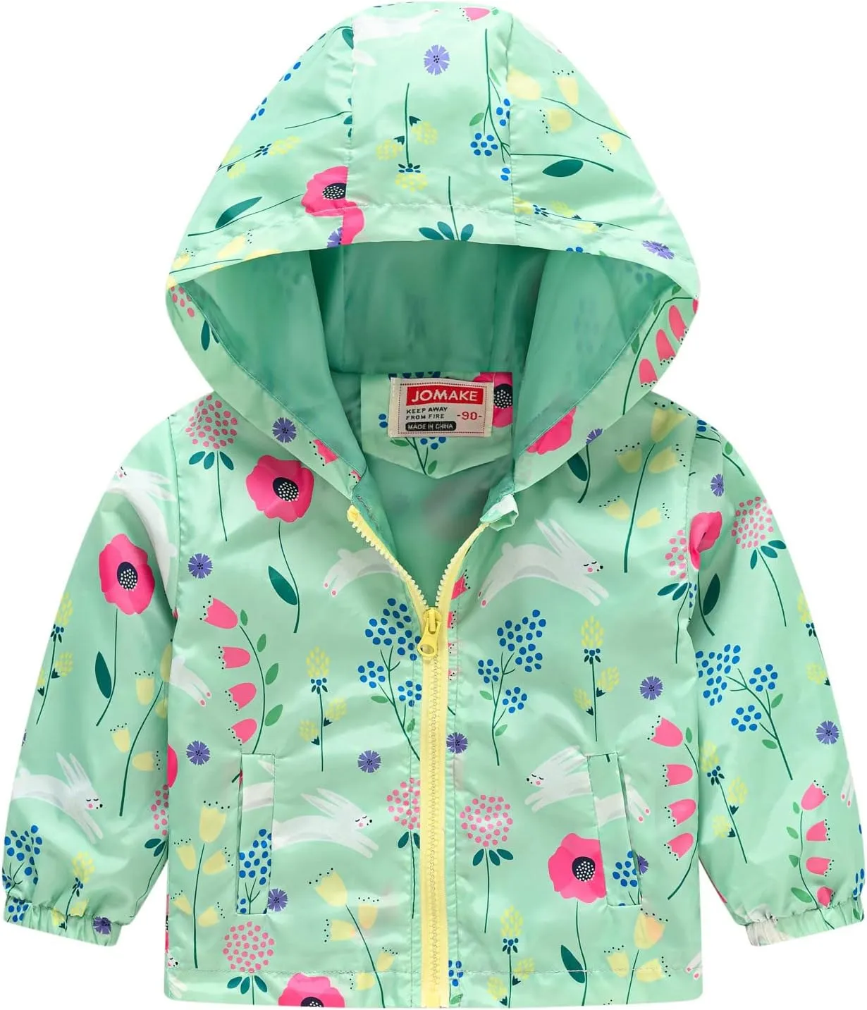 Toddler Girls Boys Flower Print Zip Hooded Jacket Kids Trench Rain Jacket Outerwear Lightweight Windbreaker Coat