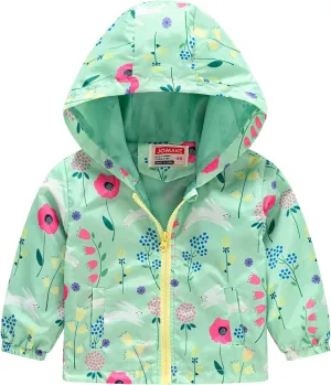 Toddler Girls Boys Flower Print Zip Hooded Jacket Kids Trench Rain Jacket Outerwear Lightweight Windbreaker Coat