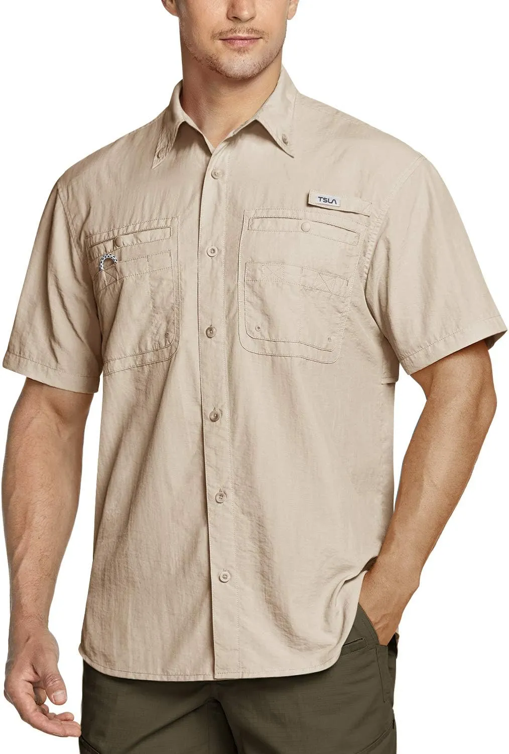 TSLA Men's Performance Fishing Shirt, UPF 50  Breathable Button Down Shirts, Outdoor Recreation Short Sleeve Shirt