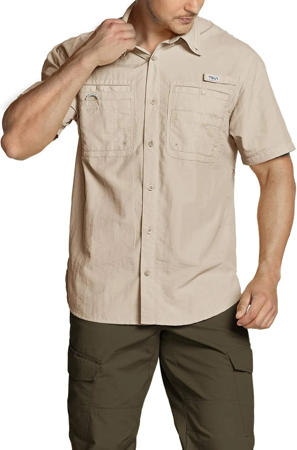 TSLA Men's Performance Fishing Shirt, UPF 50  Breathable Button Down Shirts, Outdoor Recreation Short Sleeve Shirt
