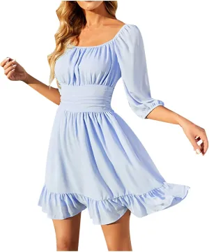 tuduoms Summer Women's Vintage Mini Dress Puff Sleeve off Shoulder Cottagecore Ruffle Shirred Smocked A-Line Skater Dress