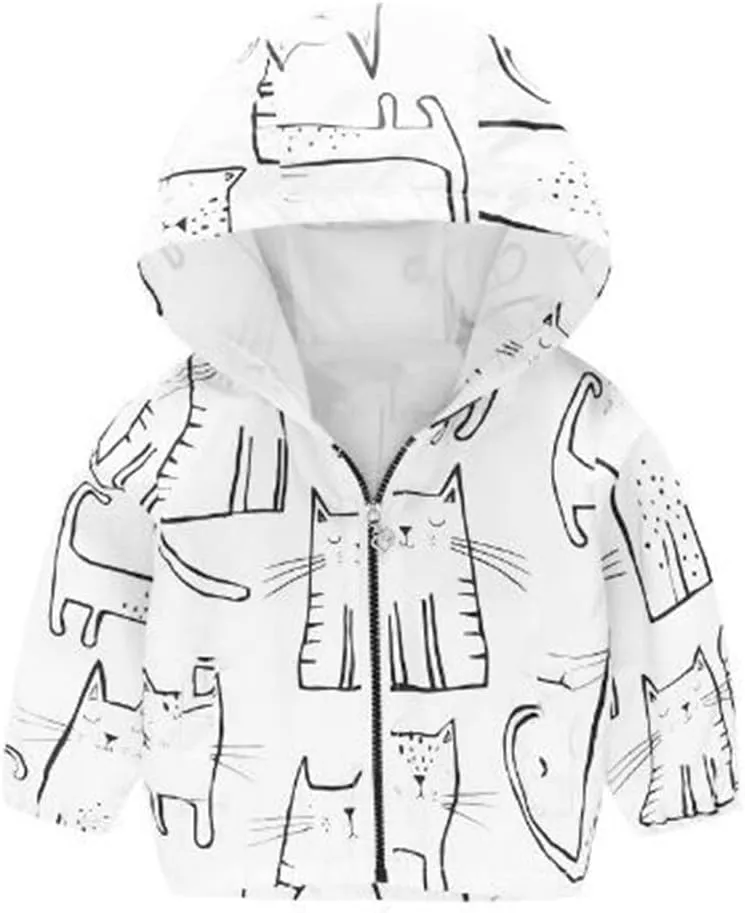 TUIJI Toddler Boys Girls Cartoon Print Zip Jacket Hooded Trench Lightweight Kids Coats Windbreaker Outdoor Cute Dust Coats