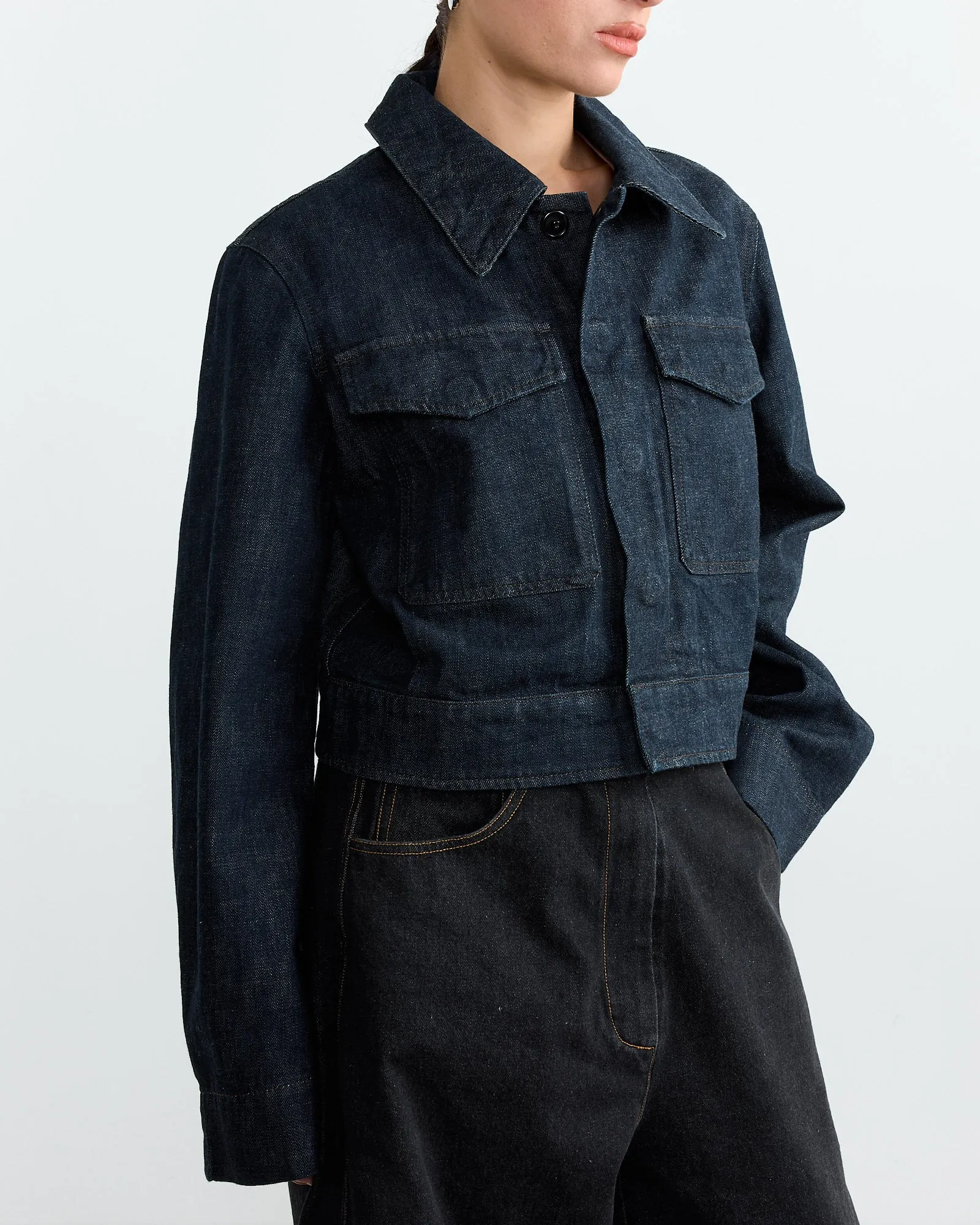 Two Pocket Cropped Jacket in Denim Indigo