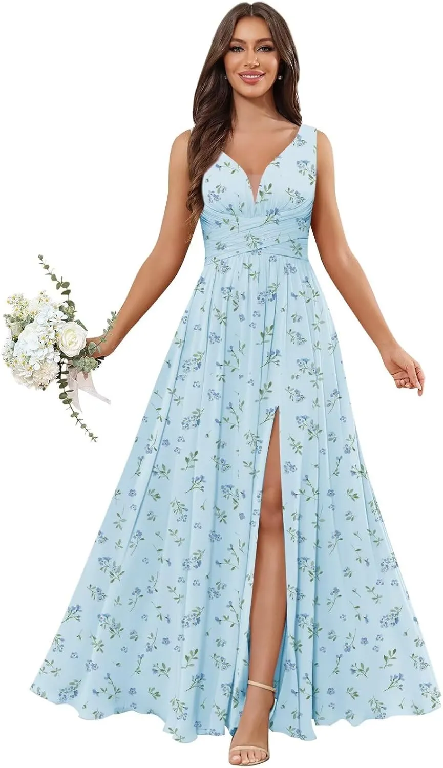 Ufashion Women's V Neck Bridesmaid Dresses for Wedding Long Chiffon Pleated Formal Dress Evening Gown with Slit