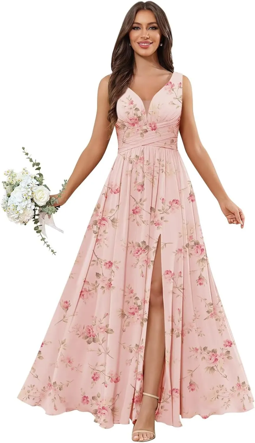 Ufashion Women's V Neck Bridesmaid Dresses for Wedding Long Chiffon Pleated Formal Dress Evening Gown with Slit