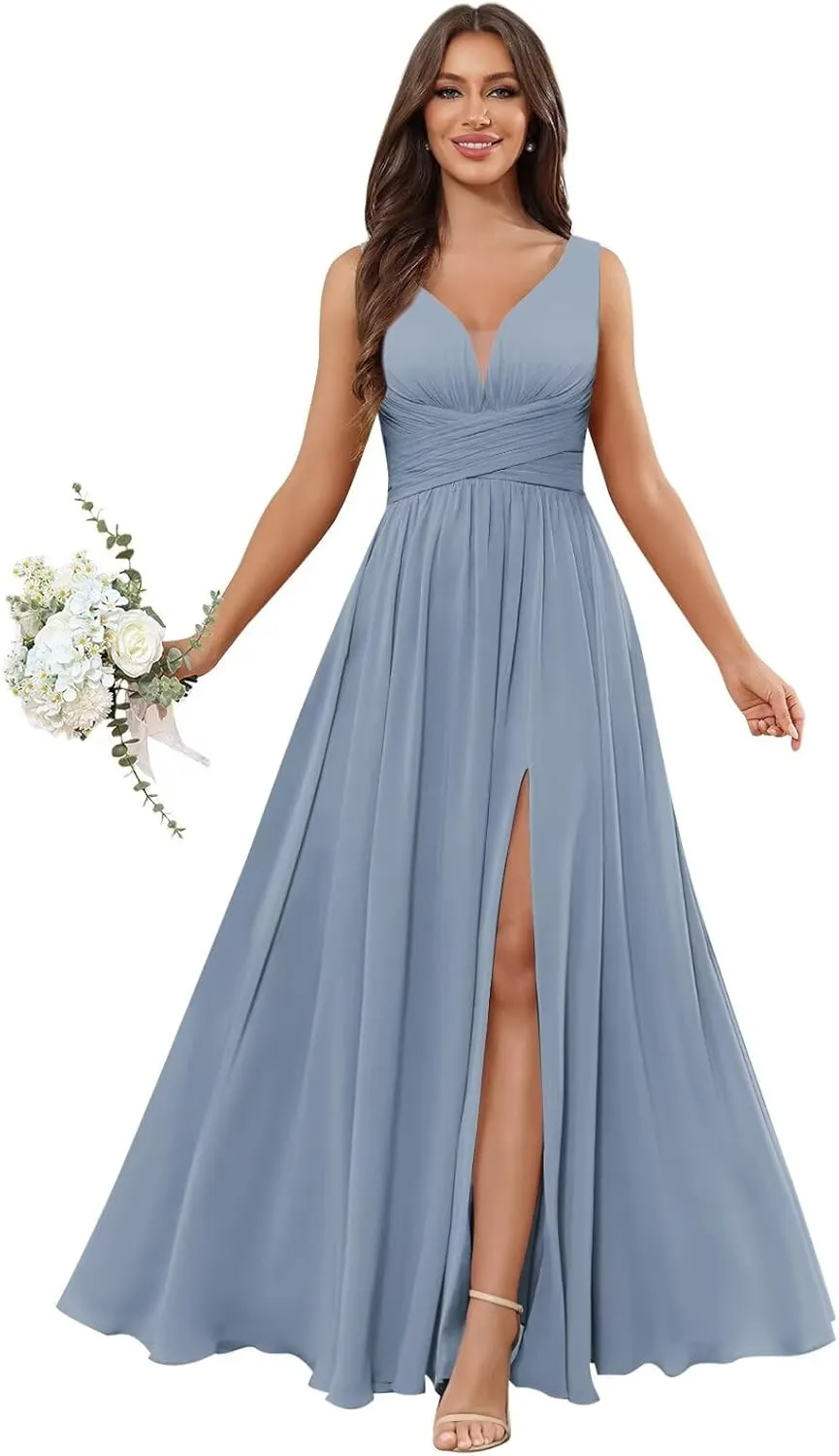 Ufashion Women's V Neck Bridesmaid Dresses for Wedding Long Chiffon Pleated Formal Dress Evening Gown with Slit