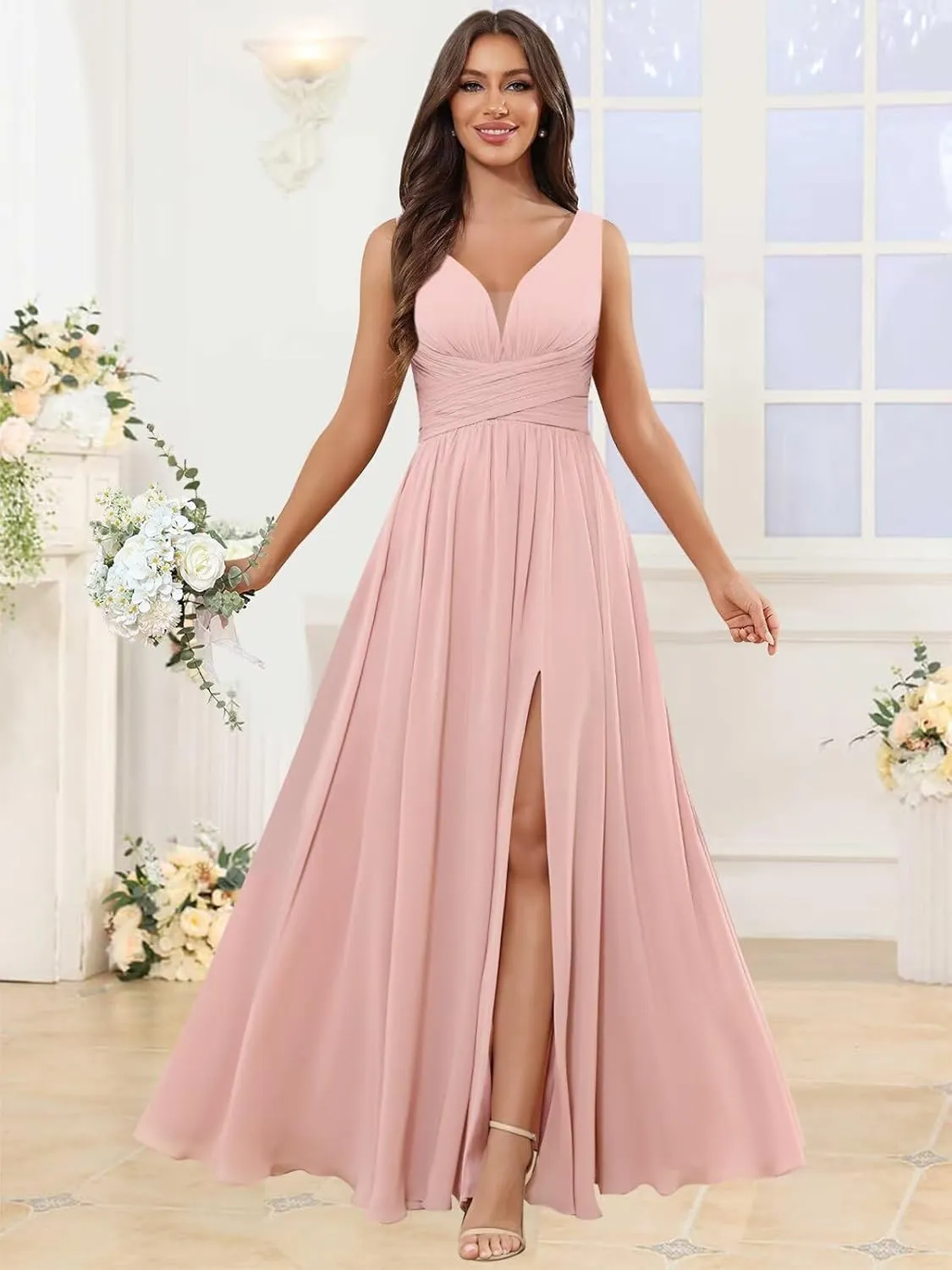Ufashion Women's V Neck Bridesmaid Dresses for Wedding Long Chiffon Pleated Formal Dress Evening Gown with Slit