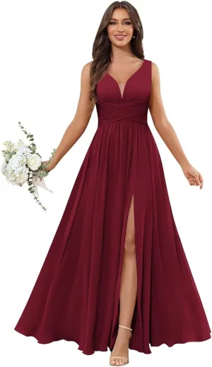 Ufashion Women's V Neck Bridesmaid Dresses for Wedding Long Chiffon Pleated Formal Dress Evening Gown with Slit