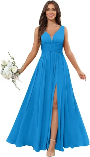 Ufashion Women's V Neck Bridesmaid Dresses for Wedding Long Chiffon Pleated Formal Dress Evening Gown with Slit