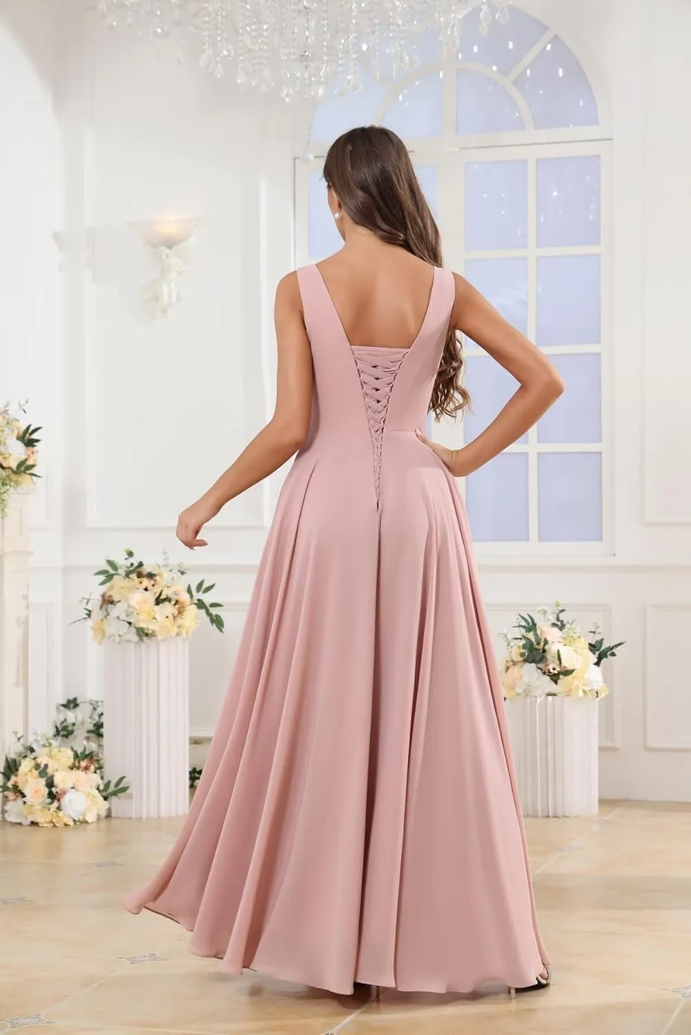 Ufashion Women's V Neck Bridesmaid Dresses for Wedding Long Chiffon Pleated Formal Dress Evening Gown with Slit