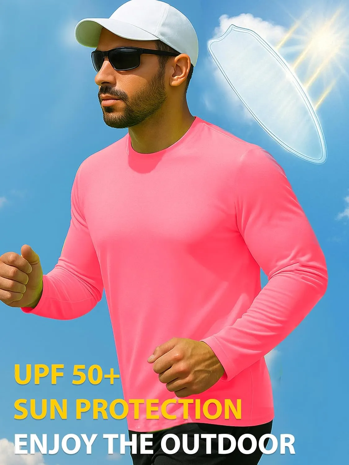 URBAN BUCK Mens Neon High Visibility Running Shirt - Lightweight Long Sleeve Workout Swim UPF50  Basic Sun T-Shirt for Men