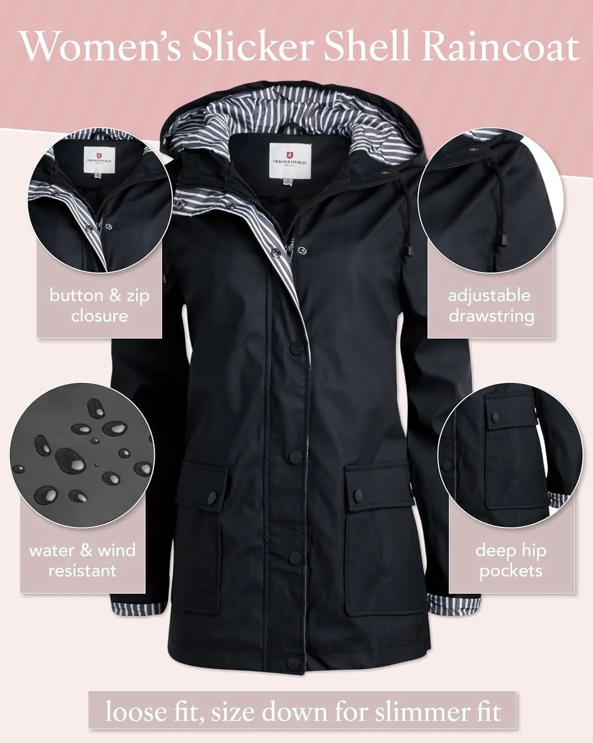 URBAN REPUBLIC Rain Jacket Women - Lightweight Waterproof Windbreaker for Women (S-3XL)