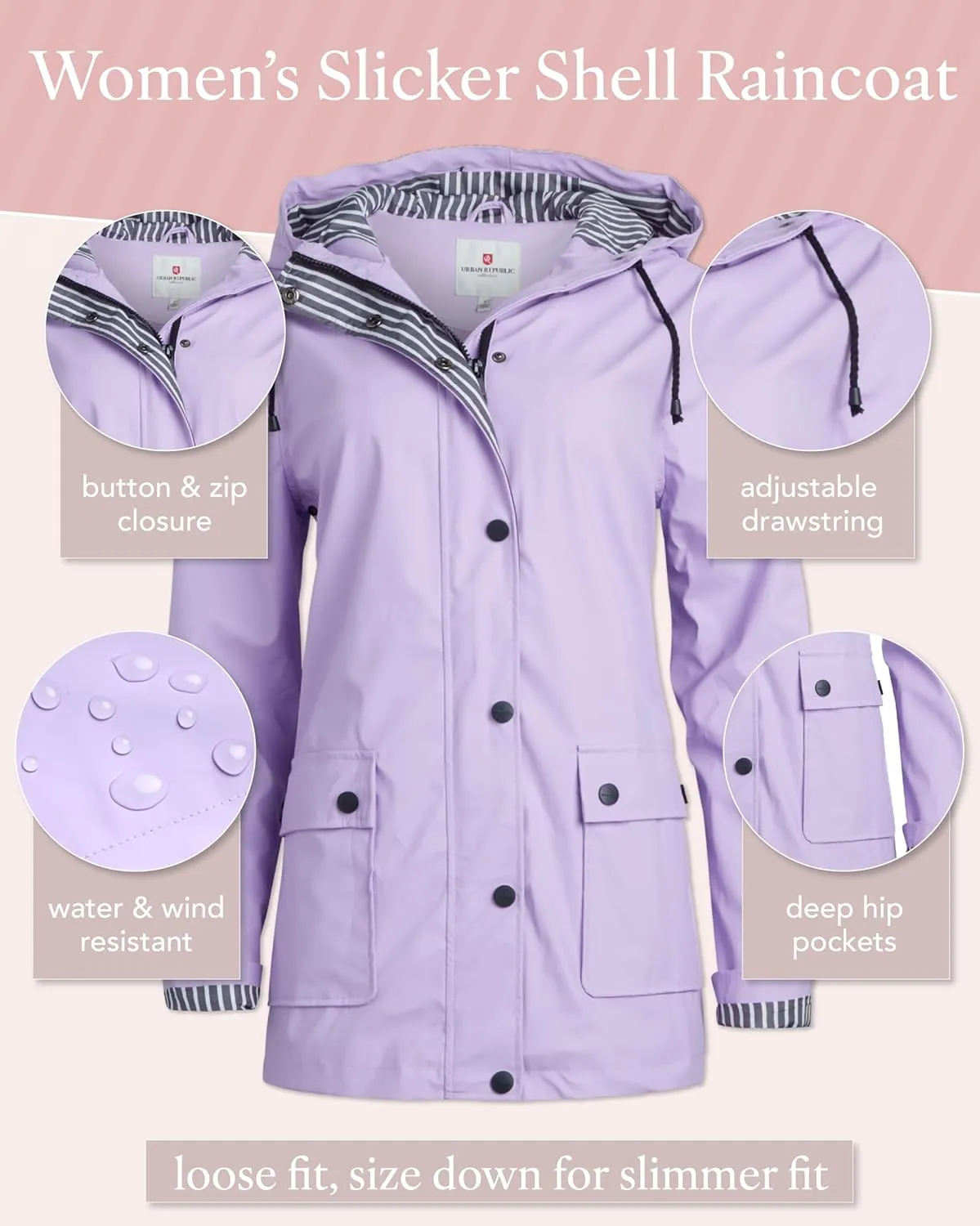 URBAN REPUBLIC Rain Jacket Women - Lightweight Waterproof Windbreaker for Women (S-3XL)