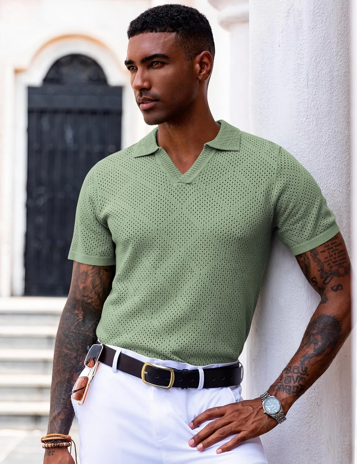 URRU Mens Knit Polo Shirt Short Sleeve Hollow Out Shirt Texture Knitted Polo Shirts for Men