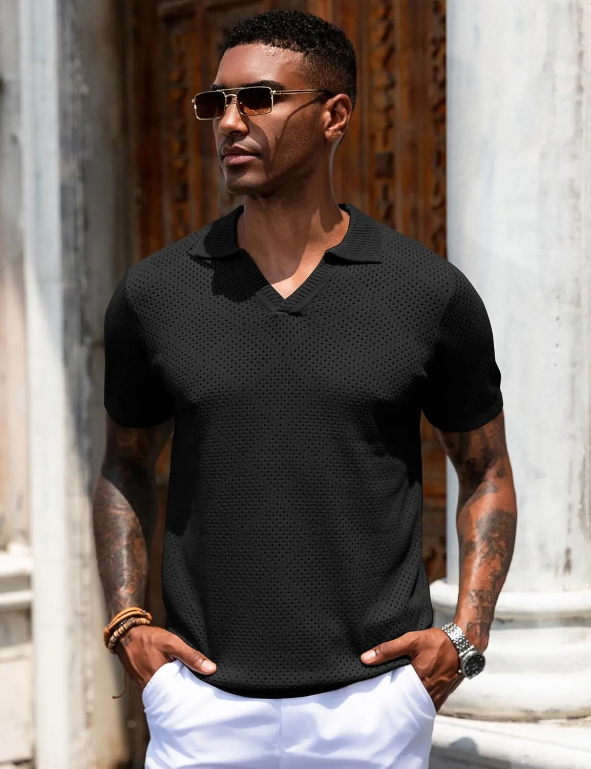 URRU Mens Knit Polo Shirt Short Sleeve Hollow Out Shirt Texture Knitted Polo Shirts for Men