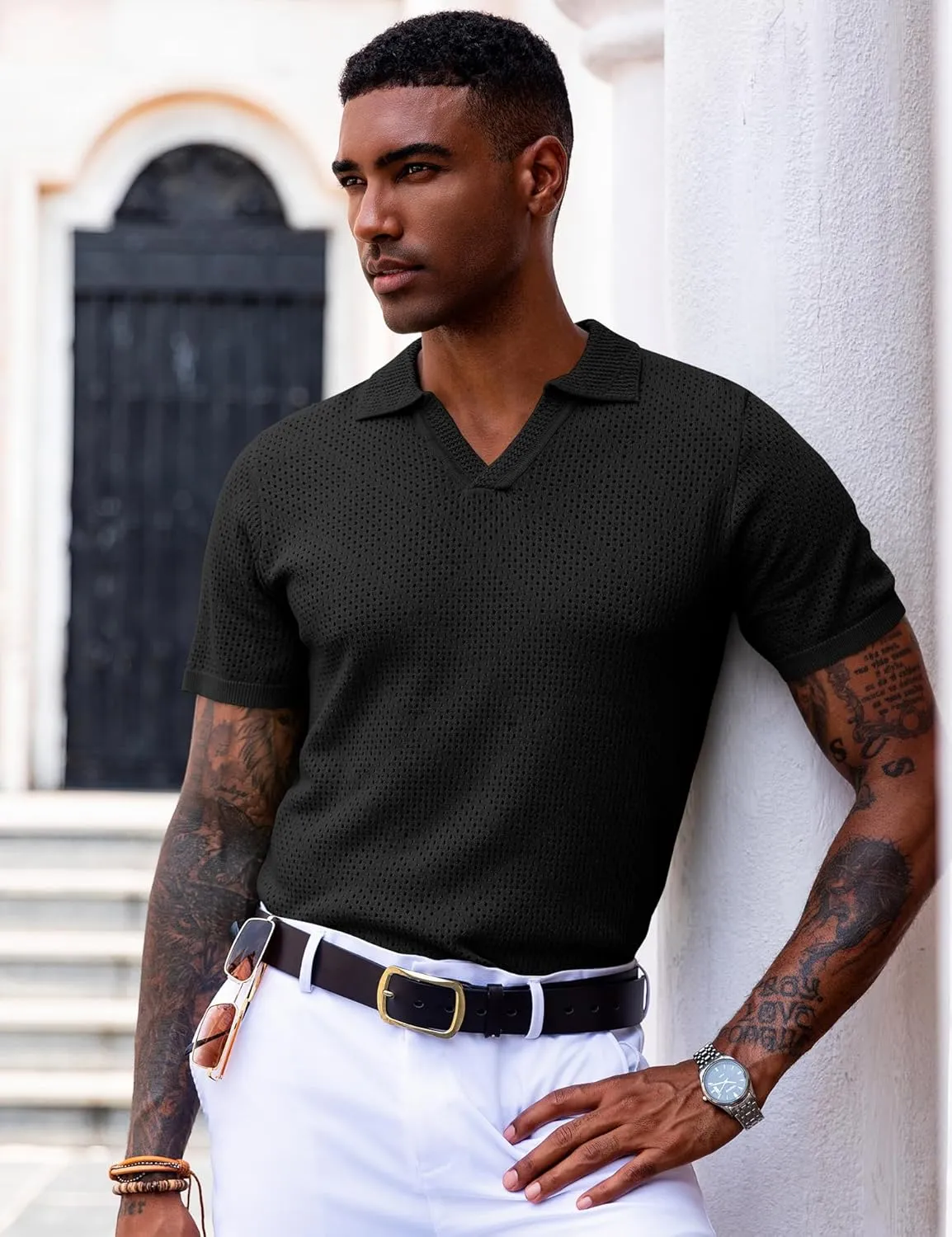 URRU Mens Knit Polo Shirt Short Sleeve Hollow Out Shirt Texture Knitted Polo Shirts for Men