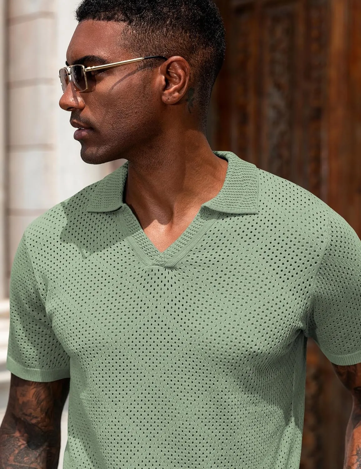 URRU Mens Knit Polo Shirt Short Sleeve Hollow Out Shirt Texture Knitted Polo Shirts for Men
