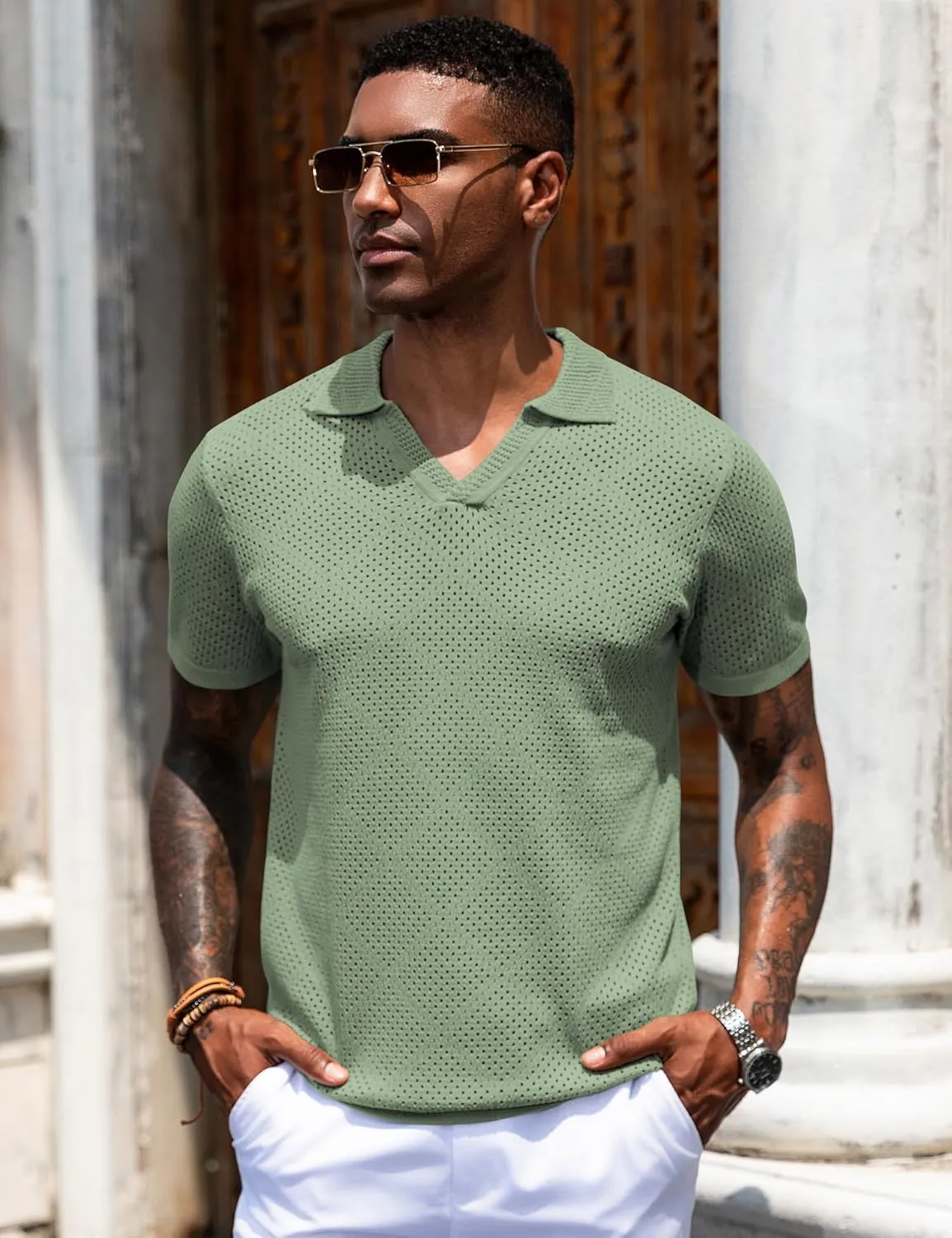 URRU Mens Knit Polo Shirt Short Sleeve Hollow Out Shirt Texture Knitted Polo Shirts for Men
