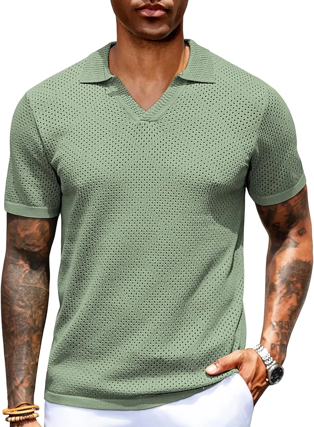 URRU Mens Knit Polo Shirt Short Sleeve Hollow Out Shirt Texture Knitted Polo Shirts for Men