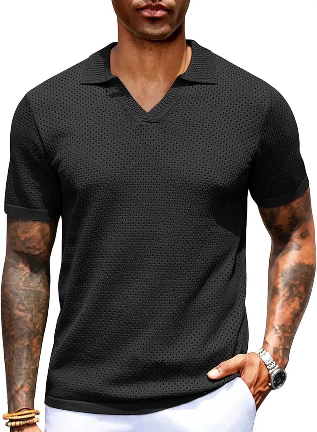 URRU Mens Knit Polo Shirt Short Sleeve Hollow Out Shirt Texture Knitted Polo Shirts for Men