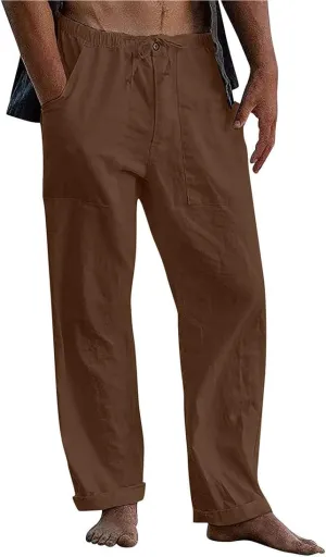 utcoco Men's Cotton Linen Beach Pants Loose Casual Drawstring Wasit Slacks with Pocket