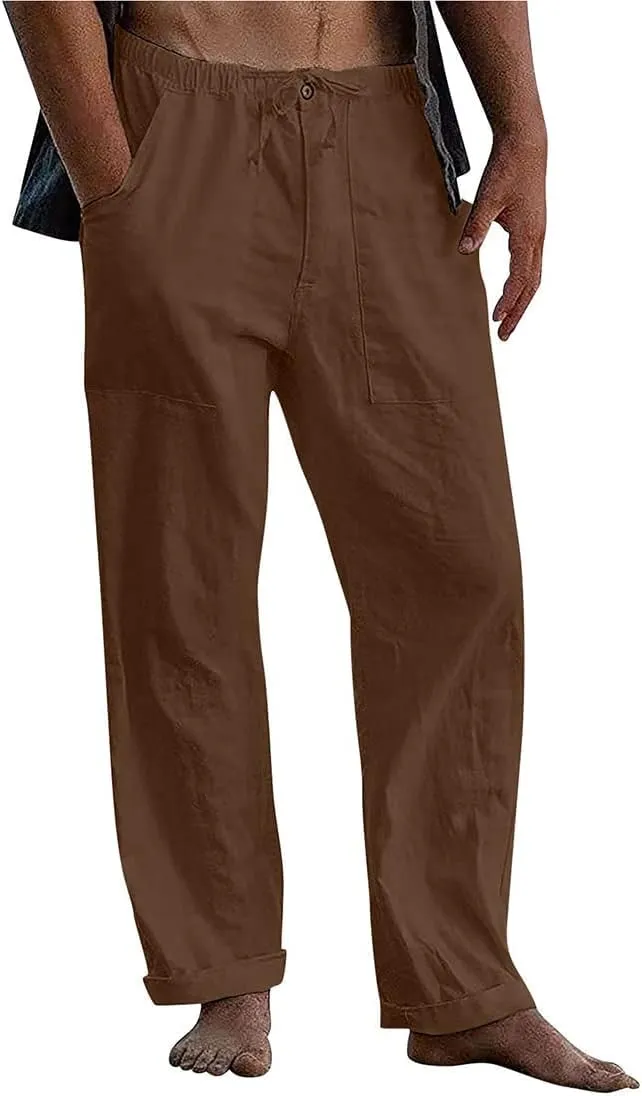 utcoco Men's Cotton Linen Beach Pants Loose Casual Drawstring Wasit Slacks with Pocket