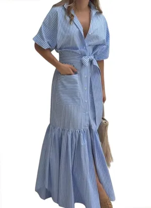 utcoco Women's 2025 Summer Casual Striped Button Down Maxi Dress Tie Waist Short Sleeve Shirt Dress with Pockets (Medium, Blue)