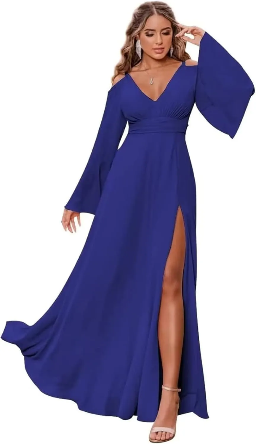 V Neck Bridesmaid Dresses Flare Sleeves Chiffon Wedding Guest Dress Cold Shoulder A-Line Formal Dress for Women