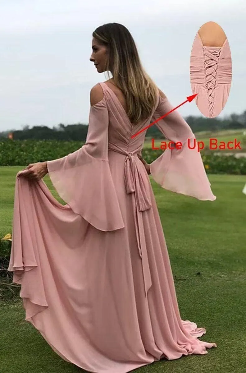 V Neck Bridesmaid Dresses Flare Sleeves Chiffon Wedding Guest Dress Cold Shoulder A-Line Formal Dress for Women