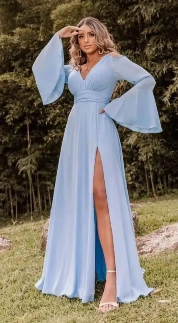 V Neck Bridesmaid Dresses Flare Sleeves Chiffon Wedding Guest Dress Cold Shoulder A-Line Formal Dress for Women