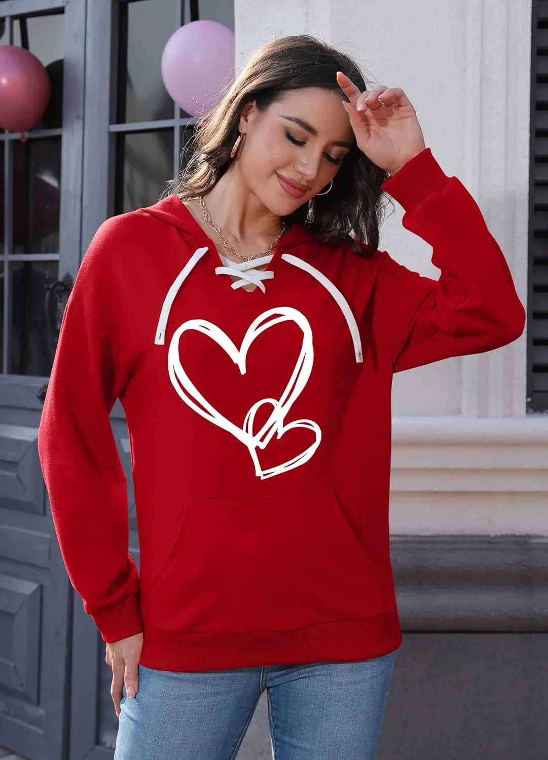 Valentines Sweatshirt Women: Love Heart Graphic Hoodie Long Sleeve Shirt Lovers Gift Pullover Top
