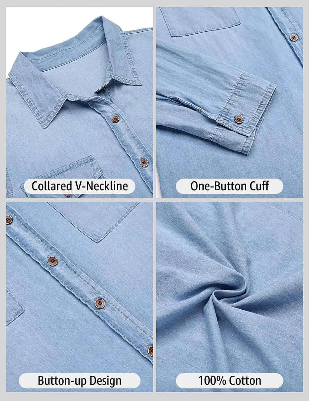 Vetinee Women's Button Down Denim Shirt Collared Casual Long Sleeve Pocket Tops