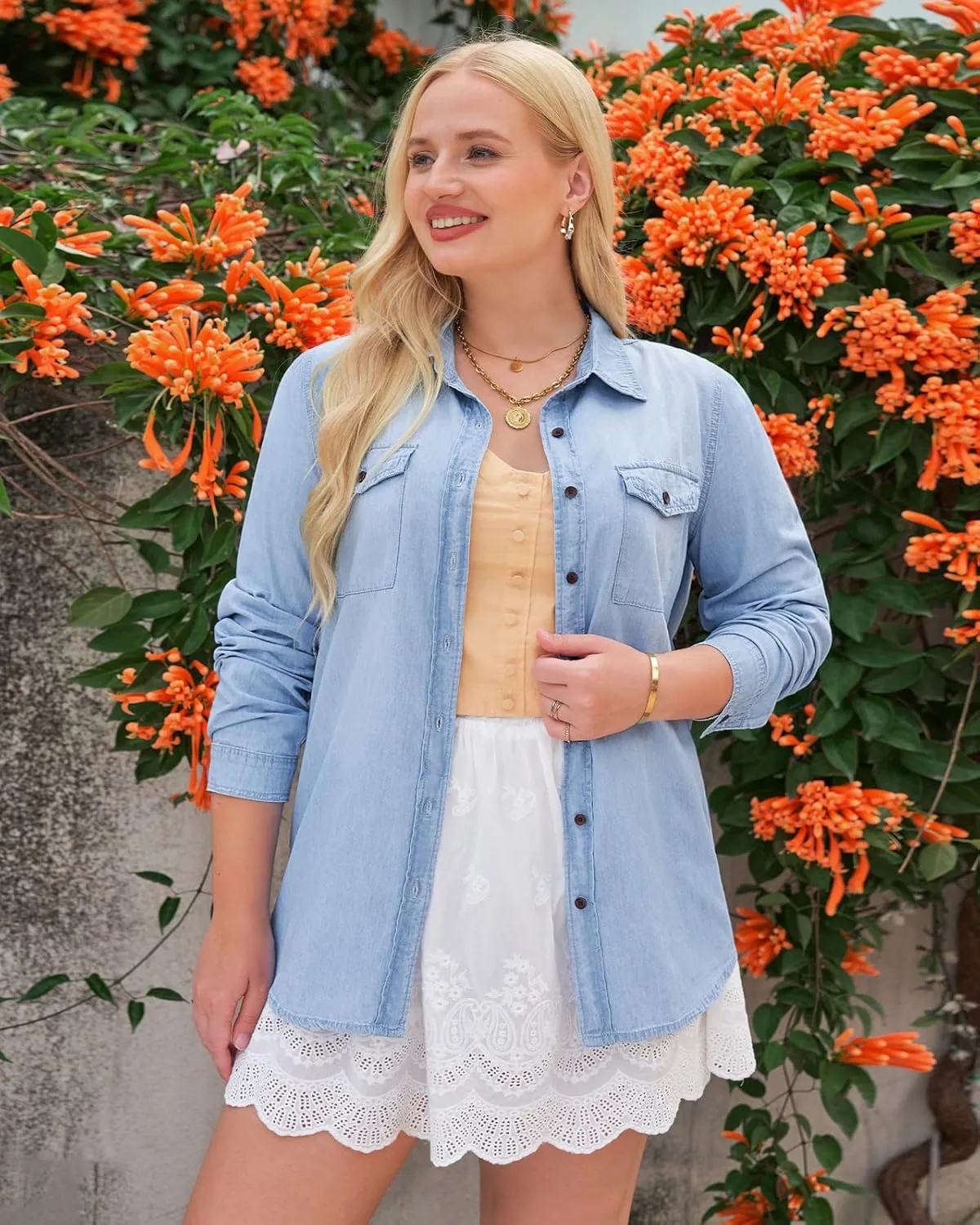 Vetinee Women's Button Down Denim Shirt Collared Casual Long Sleeve Pocket Tops