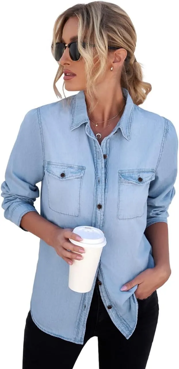 Vetinee Women's Button Down Denim Shirt Collared Casual Long Sleeve Pocket Tops