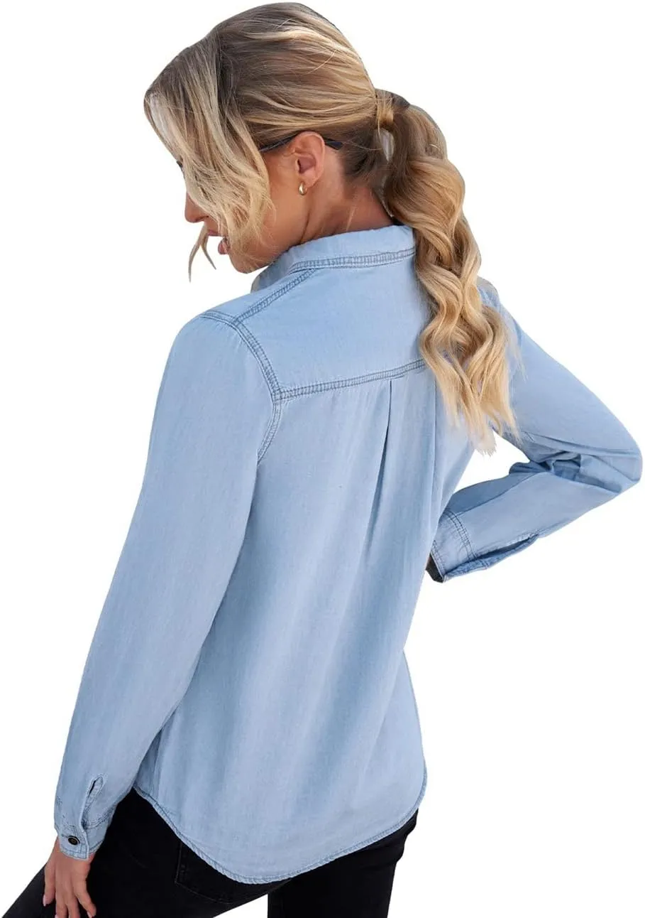 Vetinee Women's Button Down Denim Shirt Collared Casual Long Sleeve Pocket Tops