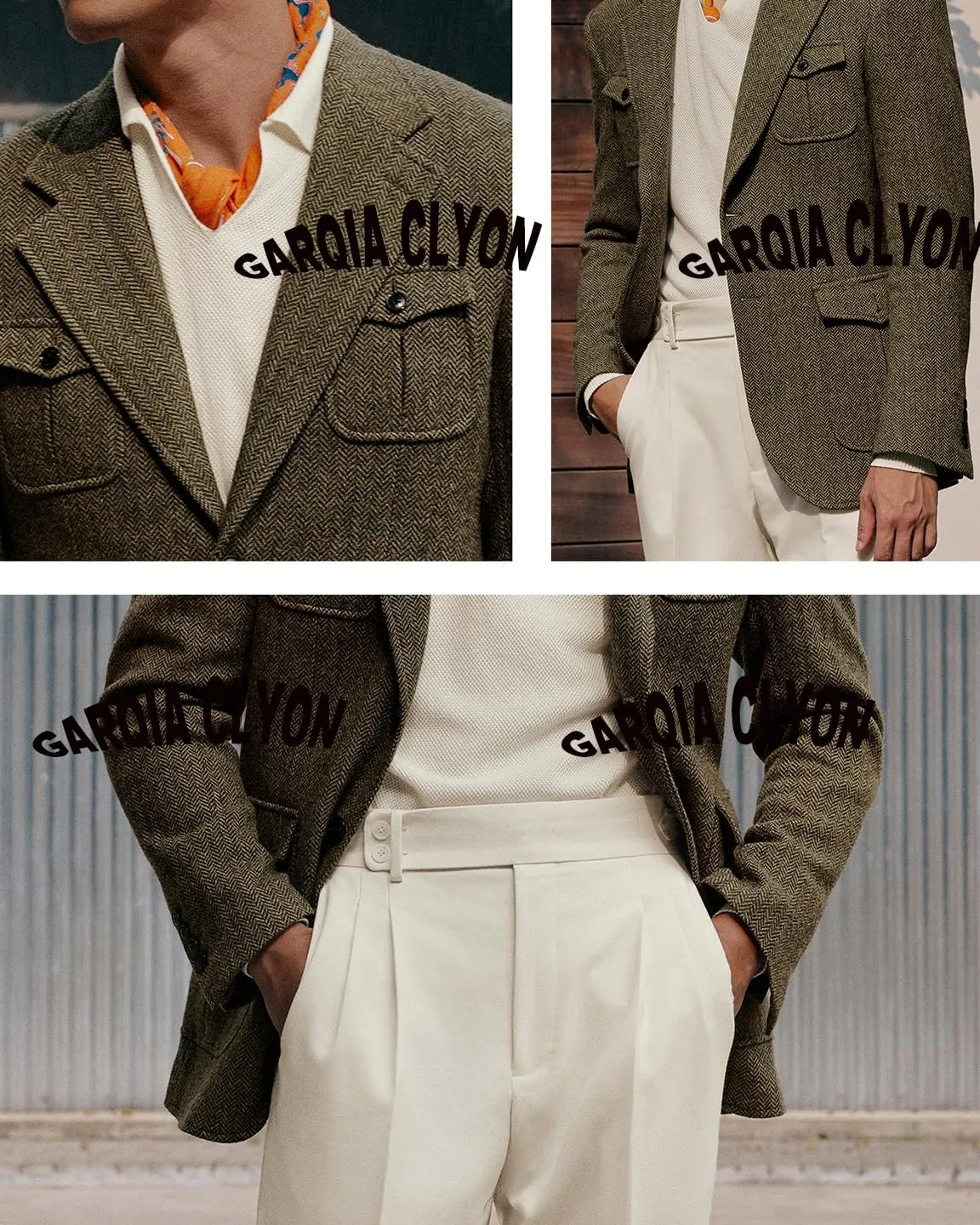 Vintage Mens Blazer Herringbone Tweed Wool Blend Suit Jackets Two Button Prom Business Wedding
