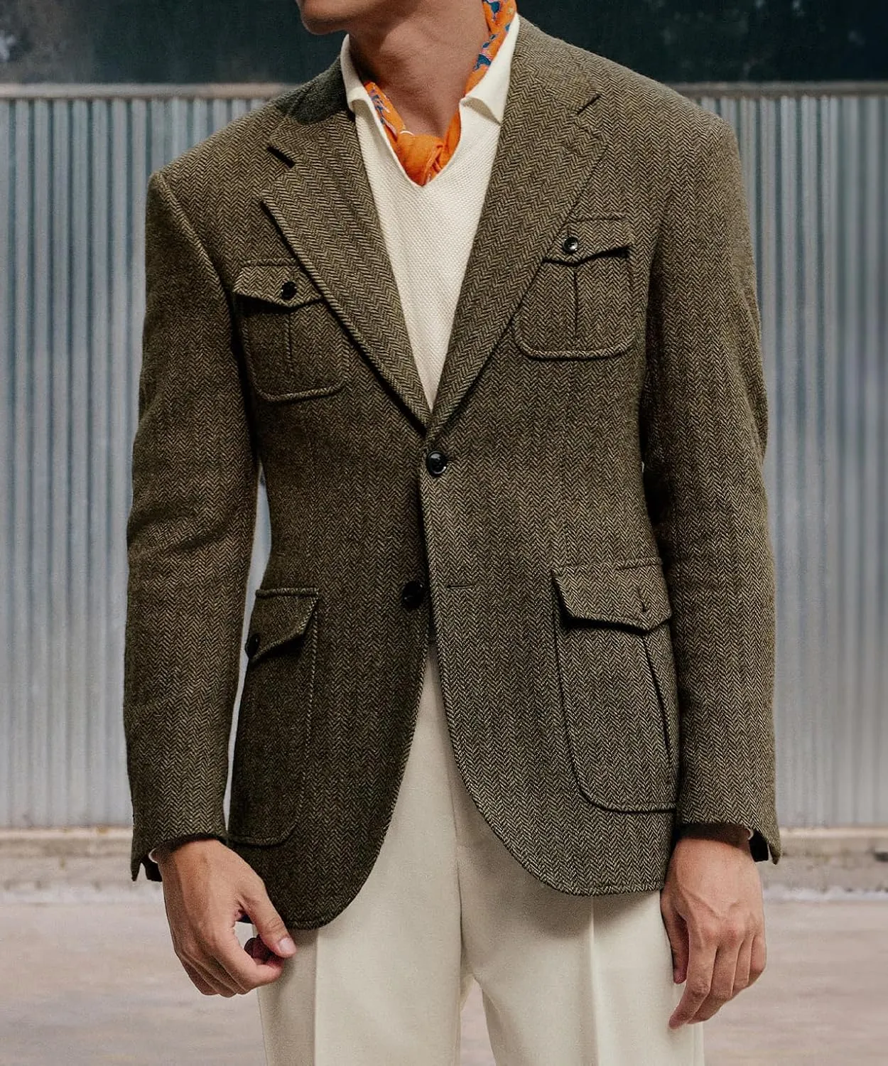 Vintage Mens Blazer Herringbone Tweed Wool Blend Suit Jackets Two Button Prom Business Wedding