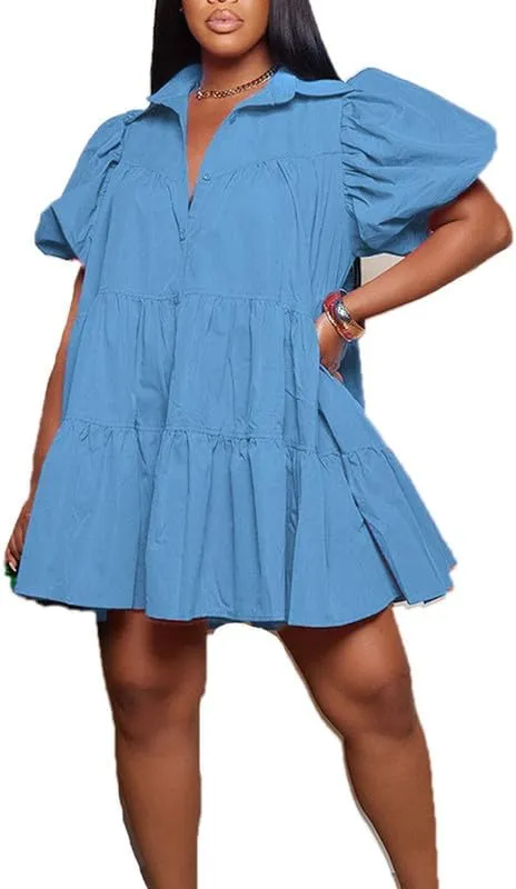 VIVICOLOR Womens Puff Sleeve Babydoll Mini Shirt Dress Button Down Lapel Ruffle Hem Mini Shirt Dress